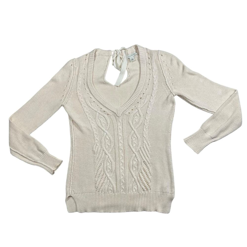 Banana Republic Sz M Ivory Cotton Cable Knit Sweater Deep V Keyhole Bow Preppy